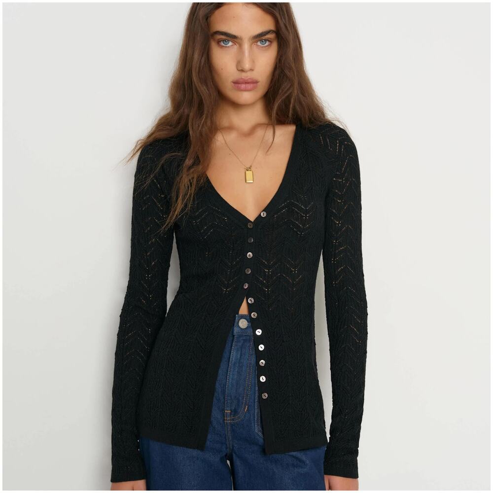 Reformation Sutton Regenerative Merino Open Knit sweater Black sz Medium